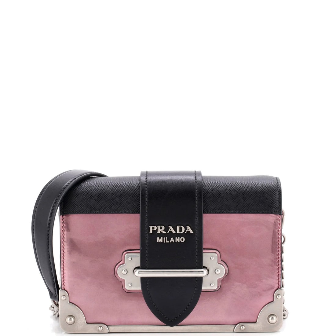 Small Saffiano Leather Metallic Cahier Chain Prada Crossbody Bag: Small Saffiano Leather Metallic Cahier Chain Prada Crossbody Bag Purple Saffiano Leather Metallic Prada Cahier Chain Crossbody Bag, featuring a sleek metallic finish and structured design, measures 4.