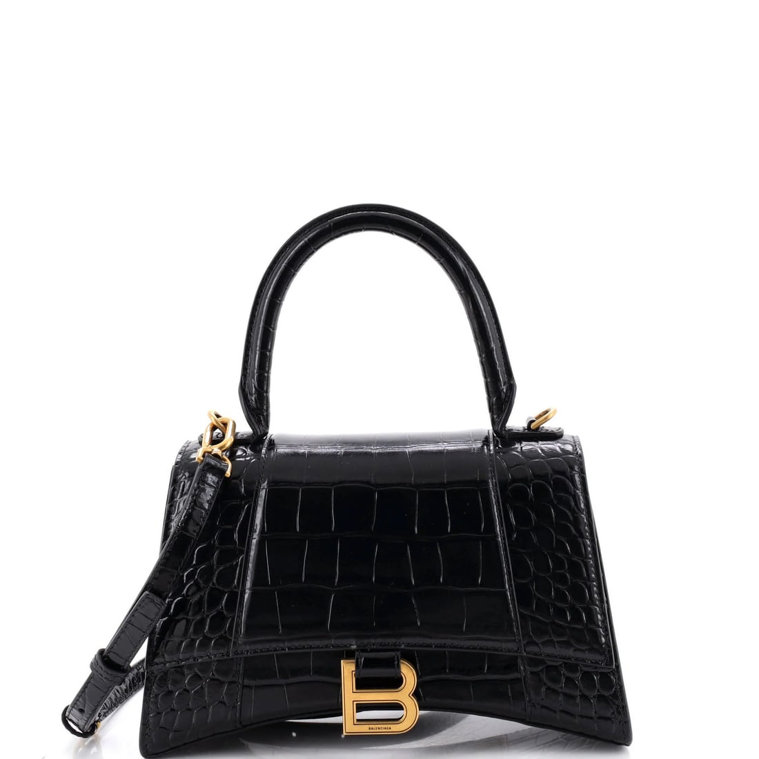 Crocodile Embossed Leather Small Handle Top Bag Hourglass Balenciaga: Crocodile Embossed Leather Small Handle Top Bag Hourglass Balenciaga Small, stylish, and sleek, this Crocodile Embossed Leather Balenciaga Hourglass Top Handle Bag is a chic accessory for any