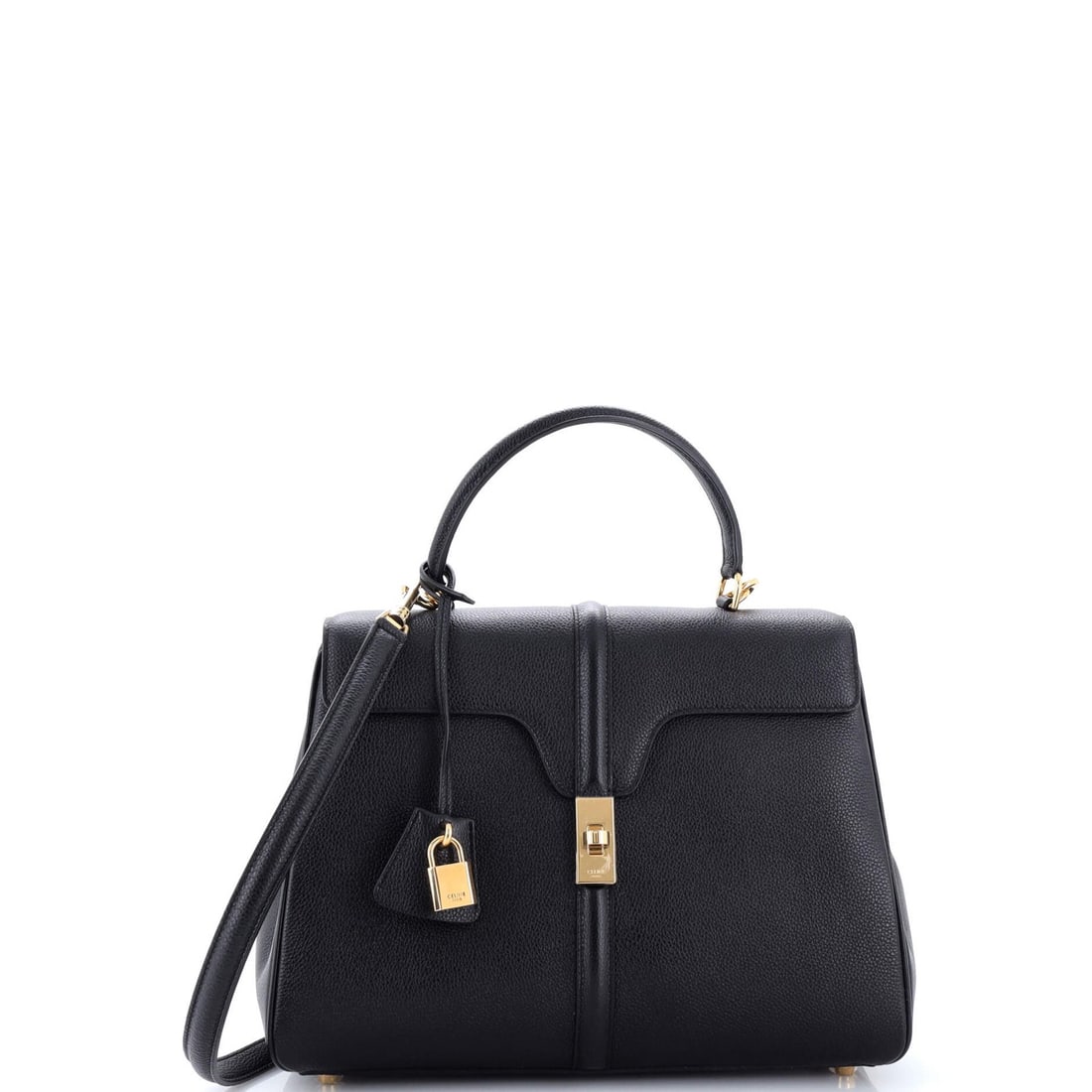 Calfskin Top Handle Bag Celine 16 Grained Medium: Calfskin Top Handle Bag Celine 16 Grained Medium Black Calfskin Top Handle Bag with 16 Grained Medium Leather Exterior, featuring minor creases and corner wear, and a classic shoulder design.