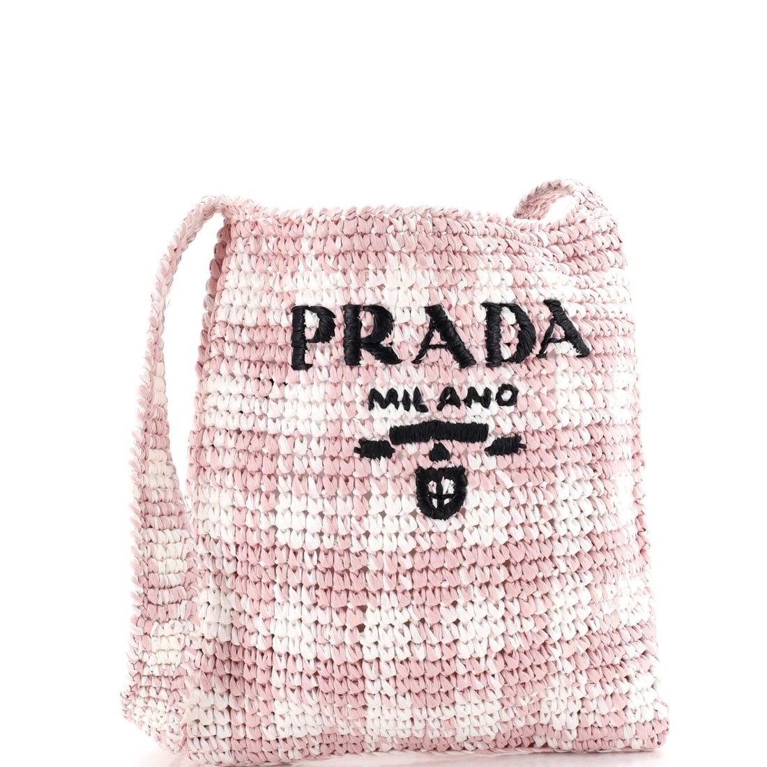 Messenger Bag Small Raffia Printed Prada: Messenger Bag Small Raffia Printed Prada Small Raffia Printed Prada Messenger Bag in Pink. This cross body bag features a unique raffia print exterior and pink interior, with gold hardware accents. Th