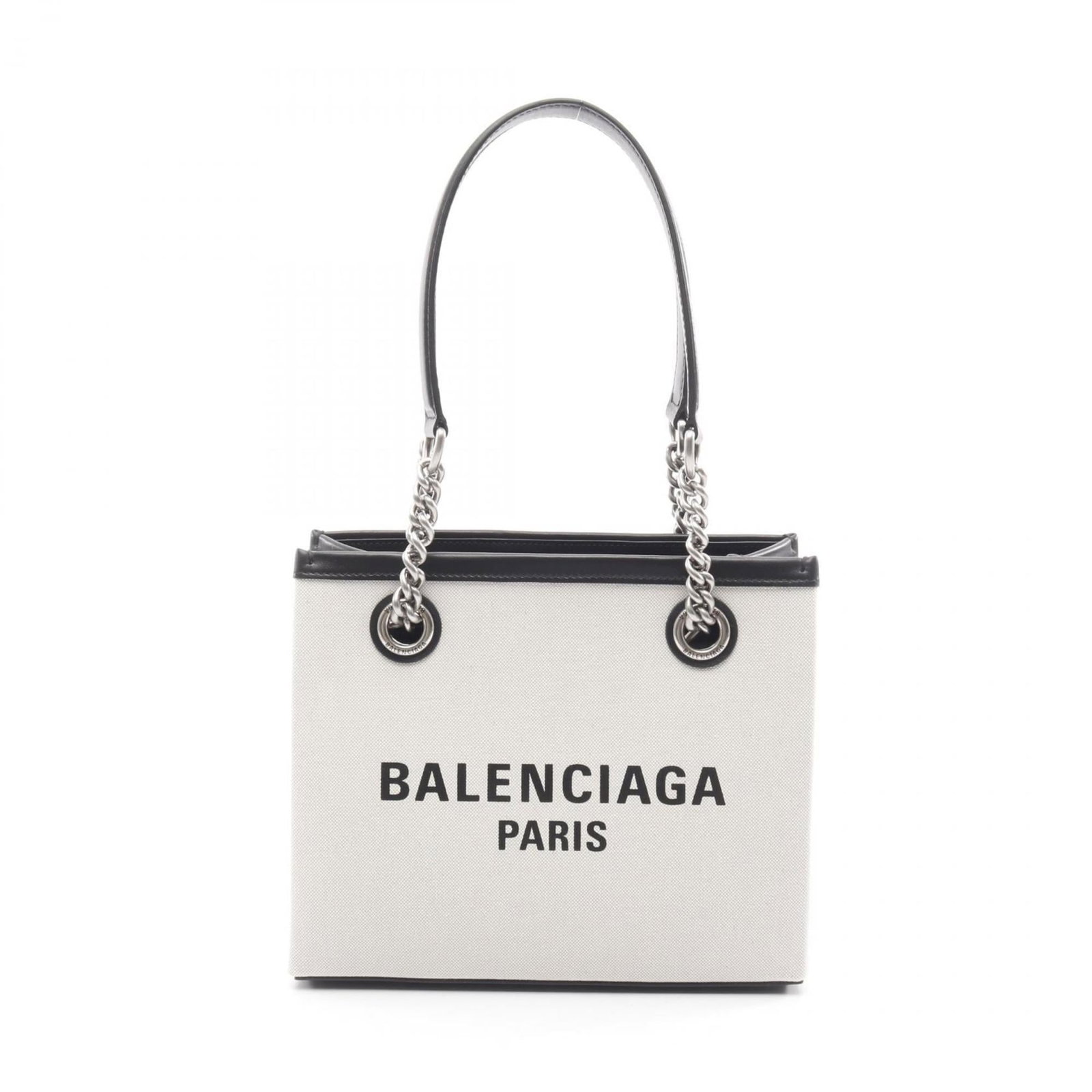 Tote Bag Canvas Leather Balenciaga: Tote Bag Canvas Leather Balenciaga Canvas and leather combine in a sleek, black tote bag with a subtle ivory accent, bearing the signature of the renowned fashion house Balenciaga. Measuring 19cm x