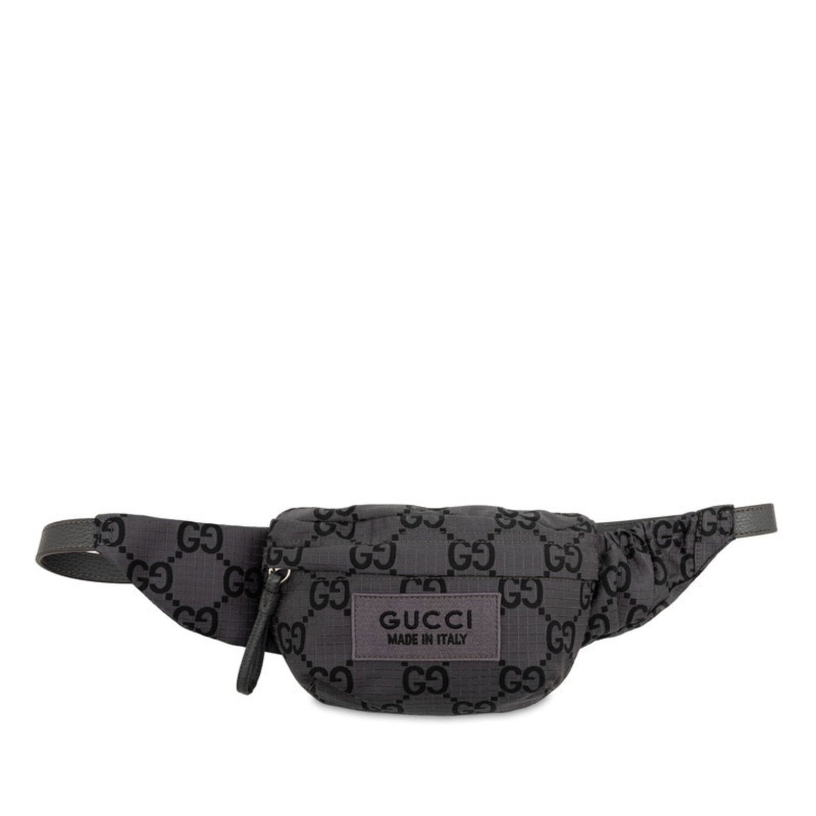 Nylon Leather Fanny Pack Gucci: Nylon Leather Fanny Pack Gucci Nylon and leather combine in this sleek, gray Gucci fanny pack, measuring 13cm x 21cm x 6cm. The nylon material provides a durable and versatile base, while the leather