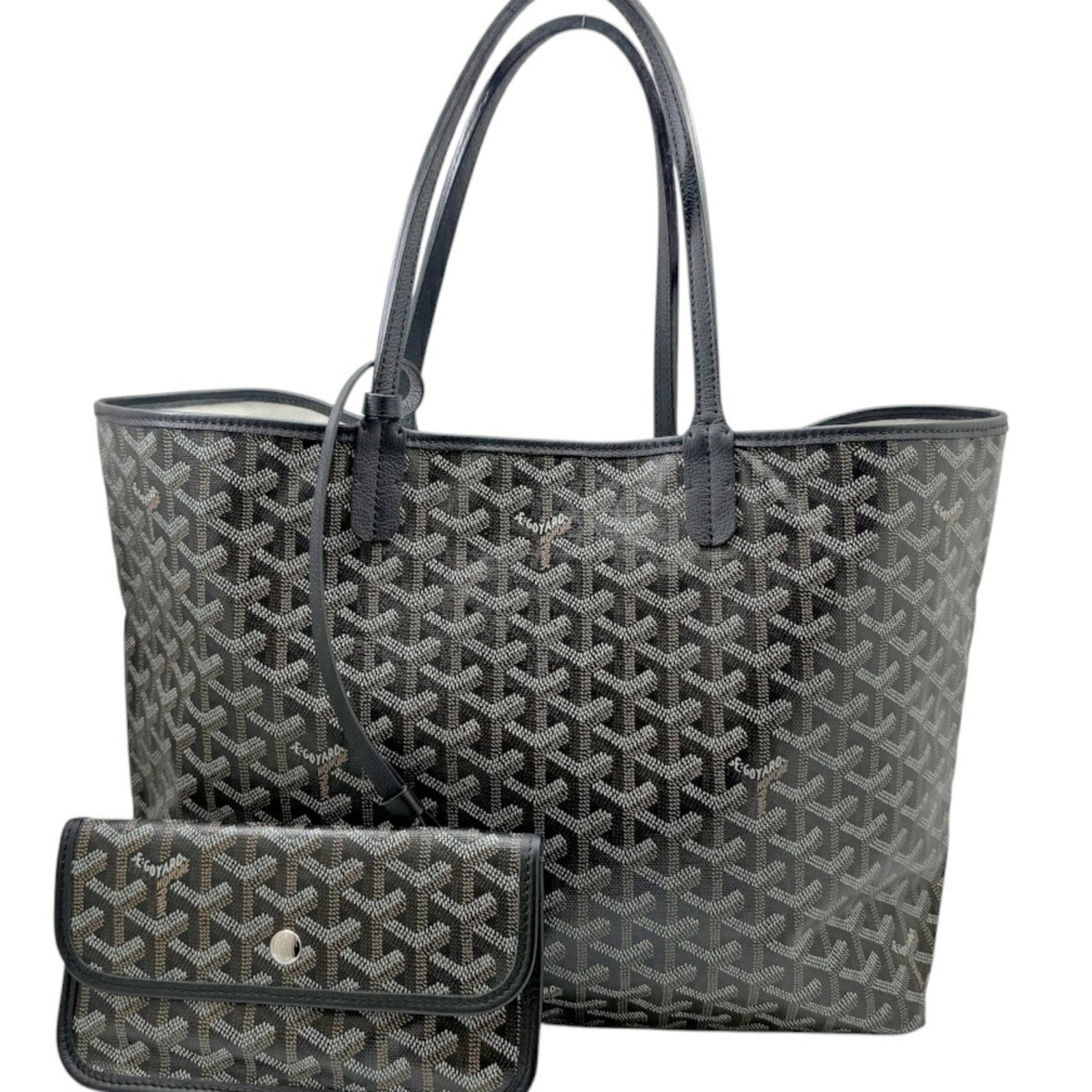Coated Canvas Leather Goyard Pouch Tote Bag Shoulder Bag: Coated Canvas Leather Goyard Pouch Tote Bag Shoulder Bag Coated canvas and leather blend for a durable and stylish tote bag. The classic Goyard design features a signature monogram pattern, adding a t