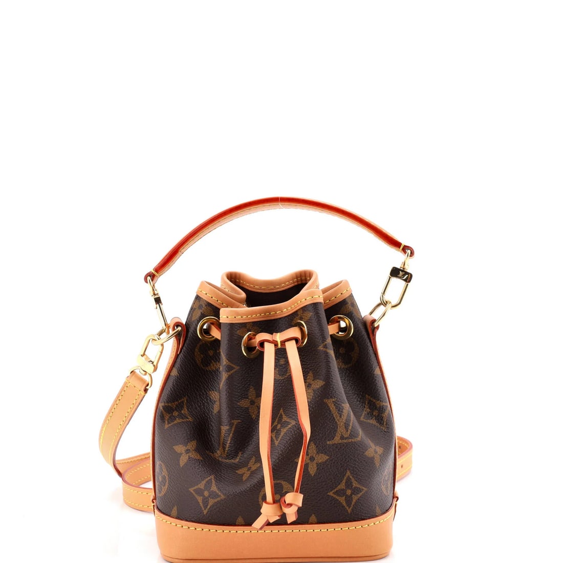 Vuitton Canvas Nano Monogram Handbag Noe Louis: Vuitton Canvas Nano Monogram Handbag Noe Louis Brown Canvas Coated Nano Monogram Bucket Handbag with Gold Hardware, featuring a classic Noe design and signature monogram pattern, measures 6" tall and