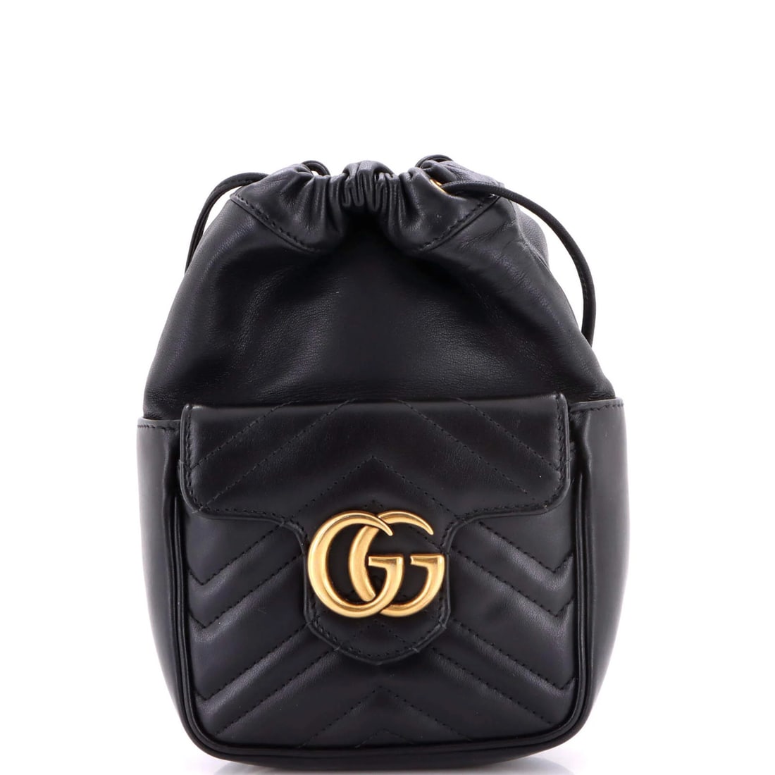 Matelasse Leather Front Pocket Mini Gucci Marmont Bucket Bag: Matelasse Leather Front Pocket Mini Gucci Marmont Bucket Bag Black Matelasse Leather Mini Gucci Marmont Bucket Bag with front pocket and aged gold hardware. This mini cross body bag features a