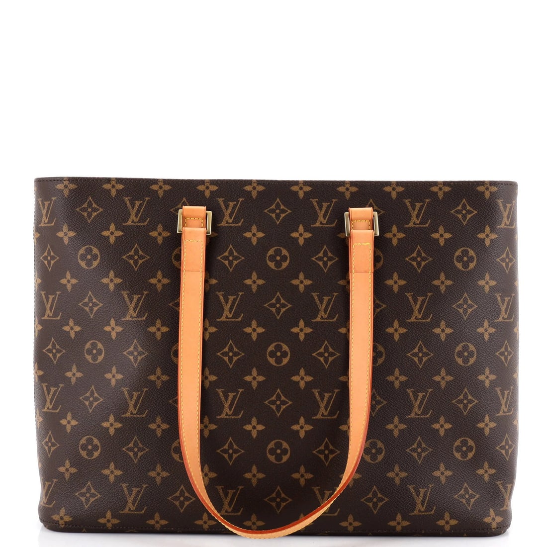 Luco Handbag Monogram Louis Vuitton: Luco Handbag Monogram Louis Vuitton This Louis Vuitton Luco Handbag features a classic brown canvas exterior with a monogram pattern, adorned with gold hardware. The bag boasts a spacious interior wit
