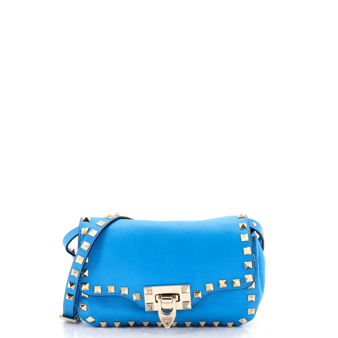 Valentino Garavani Rockstud Leather Flip Lock Bag Mini: Valentino Garavani Rockstud Leather Flip Lock Bag Mini The Valentino Garavani Rockstud Leather Flip Lock Bag Mini boasts a sleek, blue leather exterior adorned with the iconic Rockstud design. This st