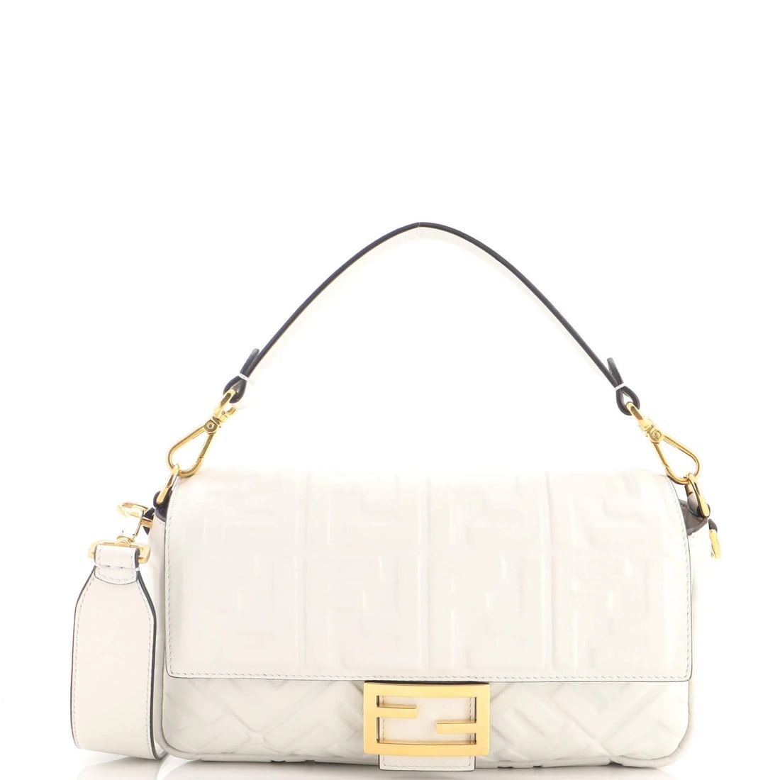 Fendi Baguette Medium NM Zucca Embossed Leather Bag: Fendi Baguette Medium NM Zucca Embossed Leather Bag The Fendi Baguette Medium NM Zucca Embossed Leather Bag is a stylish and versatile cross body bag featuring white Zucca embossed leather. With a med