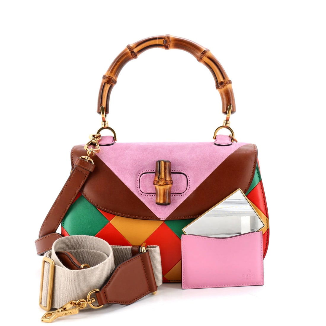 Gucci Bamboo 1947 Top Handle Bag Limited Edition Geometric Leather and Suede: Gucci Bamboo 1947 Top Handle Bag Limited Edition Geometric Leather and Suede The Gucci Bamboo 1947 Top Handle Bag Limited Edition Geometric Leather and Suede boasts a unique multicolor exterior with a