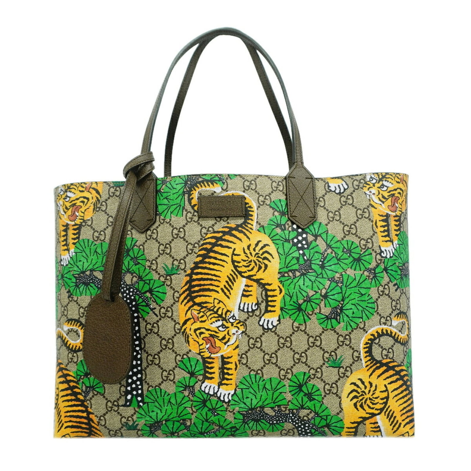 Pvc Gucci Tote Bag: Pvc Gucci Tote Bag PVC Gucci Tote Bag in Brown, Green, and Yellow, featuring a gold hardware finish, measures 27.5cm x 37cm x 12cm. Made from PVC material, this tote bag boasts a unique color