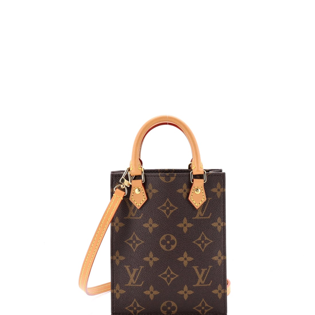 Sac Bag Monogram Canvas Petit Louis Vuitton: Sac Bag Monogram Canvas Petit Louis Vuitton Brown canvas coated Louis Vuitton Petit Sac Plat bag with gold hardware, featuring a classic monogram canvas design. The bag has a cross body style with a