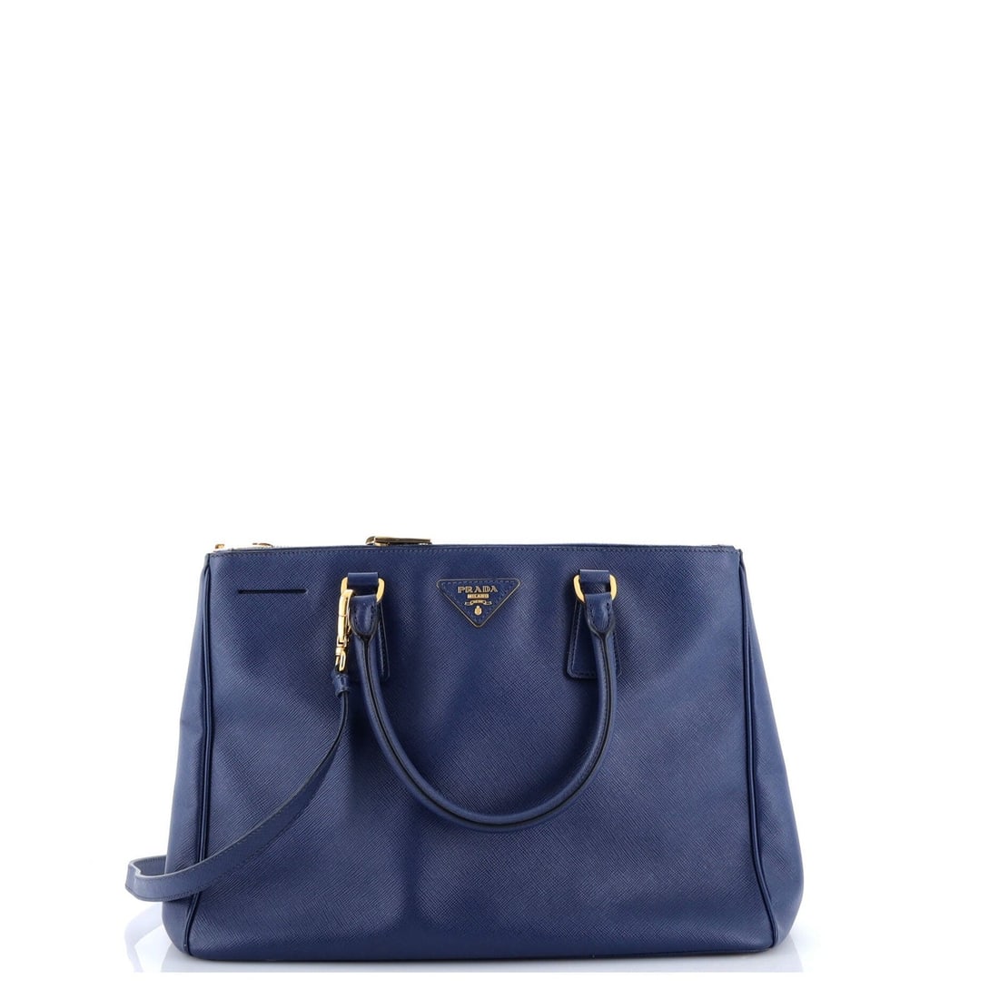 Saffiano Leather Double Zip Tote Large Prada Galleria: Saffiano Leather Double Zip Tote Large Prada Galleria A stunning Saffiano leather Prada Galleria double zip tote in a vibrant blue hue, boasting a spacious interior and gold hardware. With its