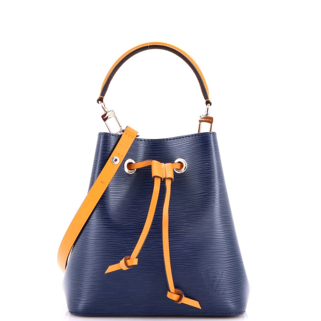 NeoNoe Epi Leather Louis Vuitton Handbag: NeoNoe Epi Leather Louis Vuitton Handbag This Louis Vuitton NeoNoe Epi Leather handbag boasts a striking blue exterior and elegant yellow interior, adorned with silver hardware. The bag's Epi leather