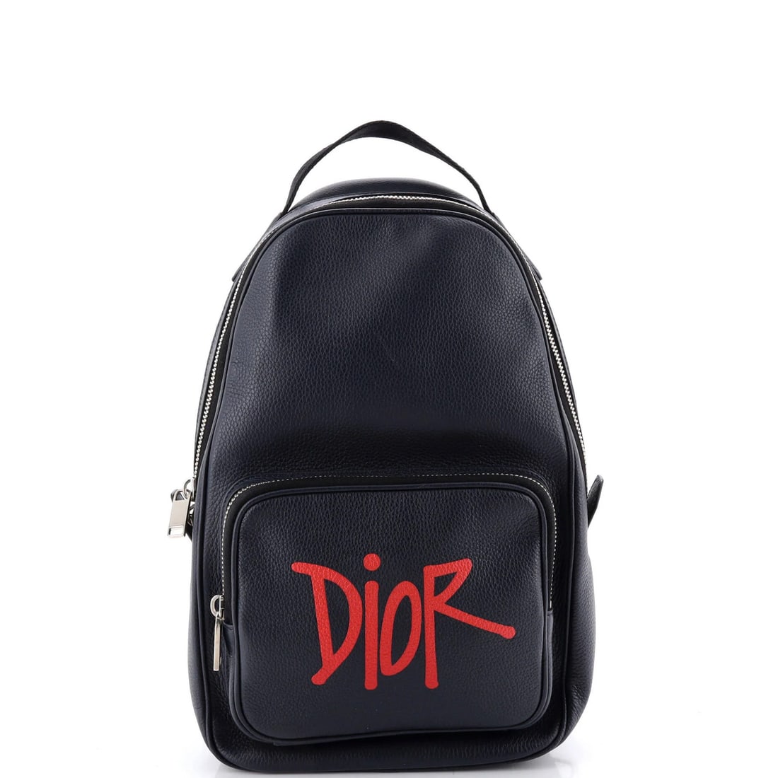 Printed Leather Sling Backpack Zip Around Christian Dior Logo: Printed Leather Sling Backpack Zip Around Christian Dior Logo Blue leather backpack with Christian Dior logo, featuring a zip-around design and minor scuffs on exterior and interior. The backpack