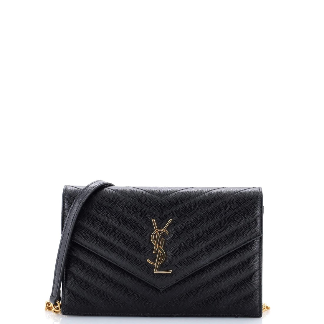 Classic Monogram Wallet on Chain Small Saint Leather Matelasse Chevron: Classic Monogram Wallet on Chain Small Saint Leather Matelasse Chevron Small Saint Laurent Classic Monogram Wallet on Chain Matelasse Chevron features a black leather exterior with gold hardware, a