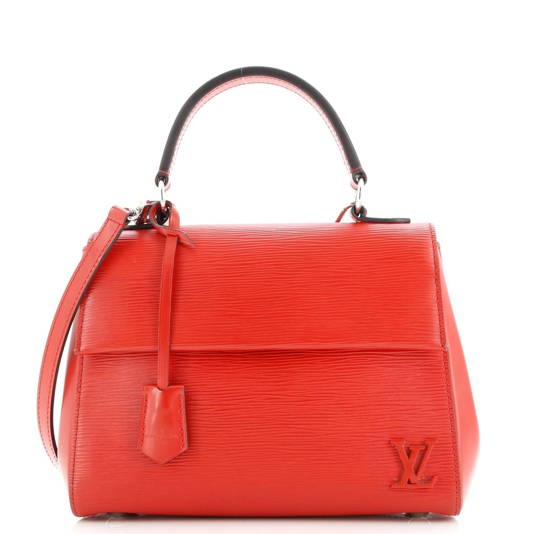 Louis Vuitton Cluny Top Handle Bag Epi Leather BB: Louis Vuitton Cluny Top Handle Bag Epi Leather BB Red Louis Vuitton Cluny Top Handle Bag Epi Leather BB, featuring a classic top handle design and scuffed exterior, measures 8" tall and 10" wide,
