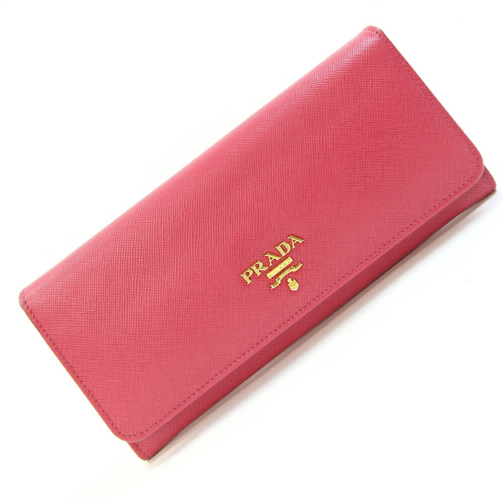 Prada Long Wallet (Bi-Fold) Leather: Prada Long Wallet (Bi-Fold) Leather Prada's Saffiano leather Long Wallet (Bi-Fold) is a stylish accessory, featuring a sleek design with a signature Prada peonia color. Measuring 9cm x 19cm, this