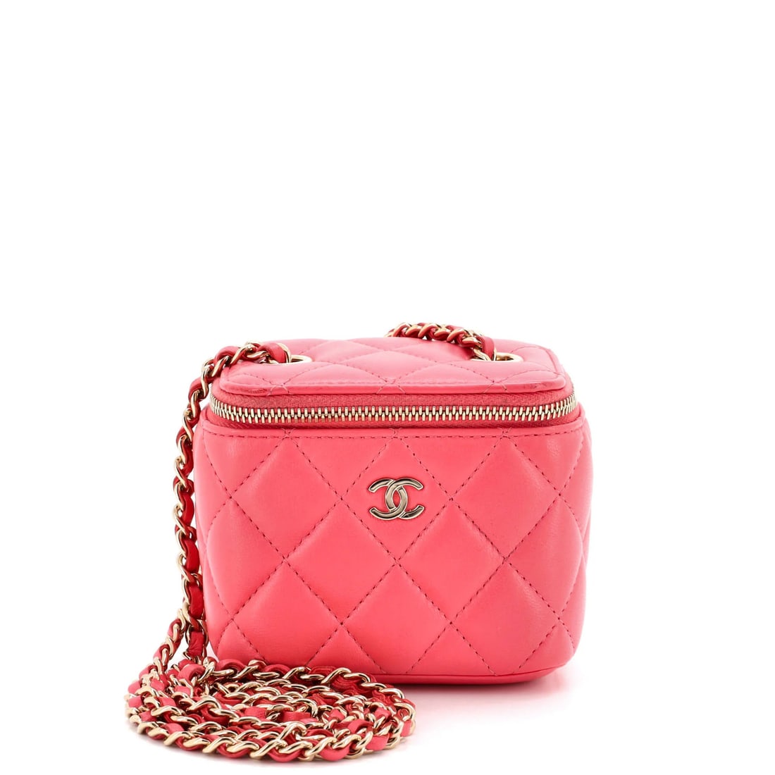 Chanel Classic Quilted Lambskin Chain Mini Vanity Case: Chanel Classic Quilted Lambskin Chain Mini Vanity Case Pink leather exterior, gold tone hardware, and quilted lambskin details make this Chanel Classic Quilted Lambskin Chain Mini Vanity Case a stylis