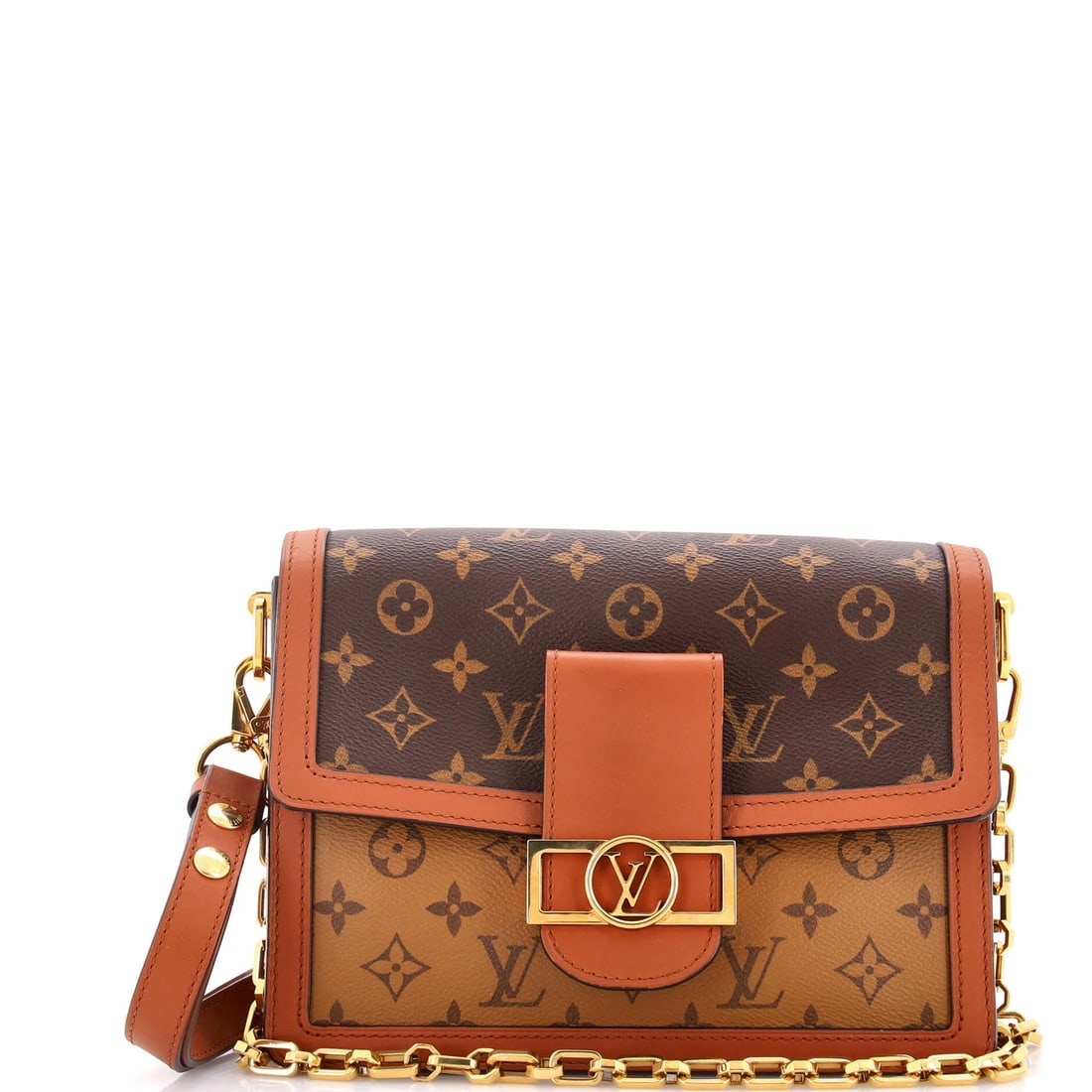 Shoulder Bag Reverse Monogram Canvas Louis Vuitton Dauphine MM: Shoulder Bag Reverse Monogram Canvas Louis Vuitton Dauphine MM Brown Louis Vuitton Dauphine MM Shoulder Bag with Reverse Monogram Canvas and Gold Hardware. Features a classic design with a 12" handle 