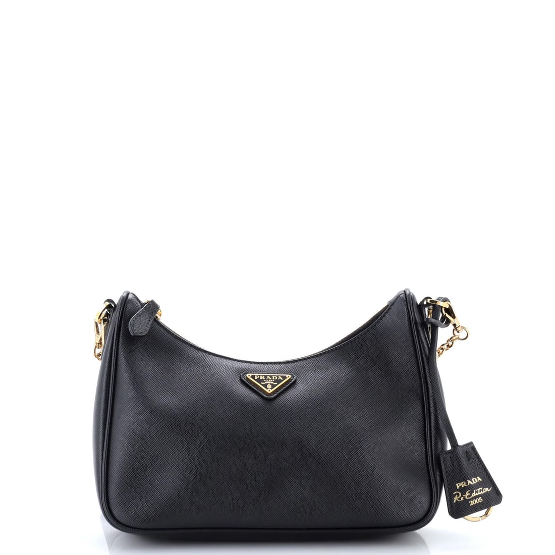 Saffiano Leather Small Prada Re-Edition 2005 Shoulder Bag: Saffiano Leather Small Prada Re-Edition 2005 Shoulder Bag Saffiano Leather Small Prada Re-Edition 2005 Shoulder Bag features a classic cross body design with a black exterior and gold hardware. This