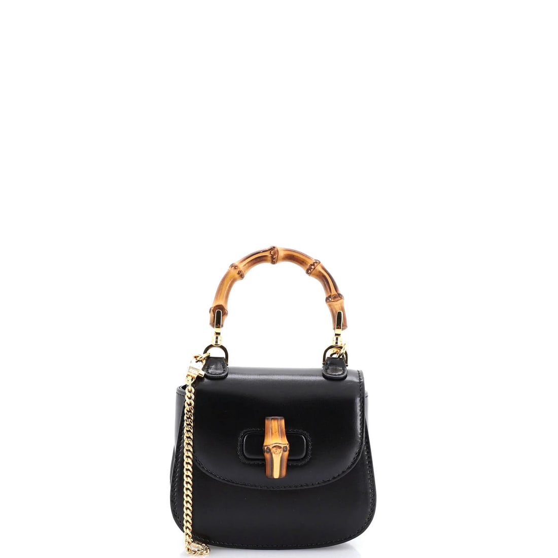 Bamboo Bag Leather Mini Handle Top Super Gucci 1947: Bamboo Bag Leather Mini Handle Top Super Gucci 1947 Black leather cross body bag with a super mini size, featuring a bamboo top handle and gold hardware. This Gucci 1947 style bag has a very good