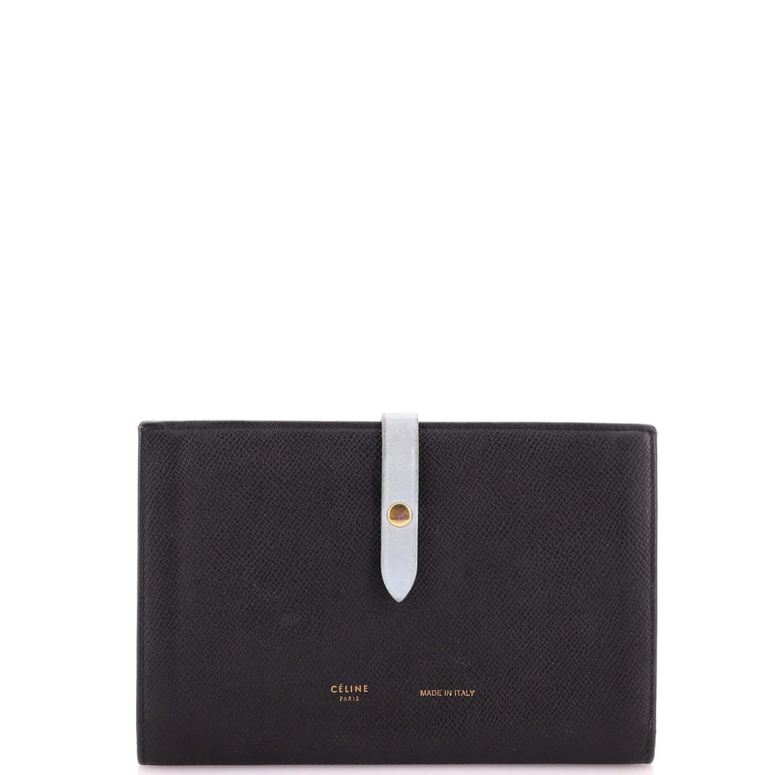 Leather Large Celine Wallet Strap Multifunction: Leather Large Celine Wallet Strap Multifunction Blue leather Celine wallet strap with multifunction design, featuring a large size and gold hardware. This large leather wallet strap has a blue exterio