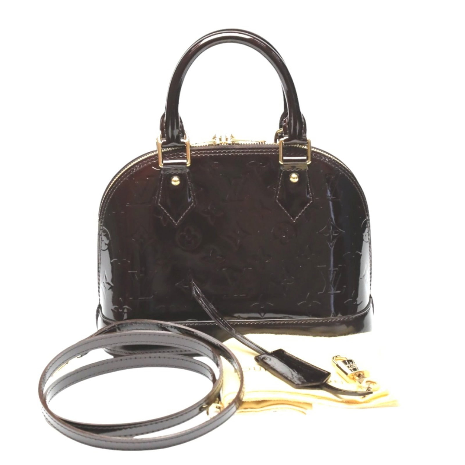 Vuitton Handbag Monogram Vernis Louis: Vuitton Handbag Monogram Vernis Louis Monogram Vernis Louis Vuitton handbag boasts its iconic monogram pattern in vibrant Amarante color. This stylish bag comes with a clochette, dust bag, key,