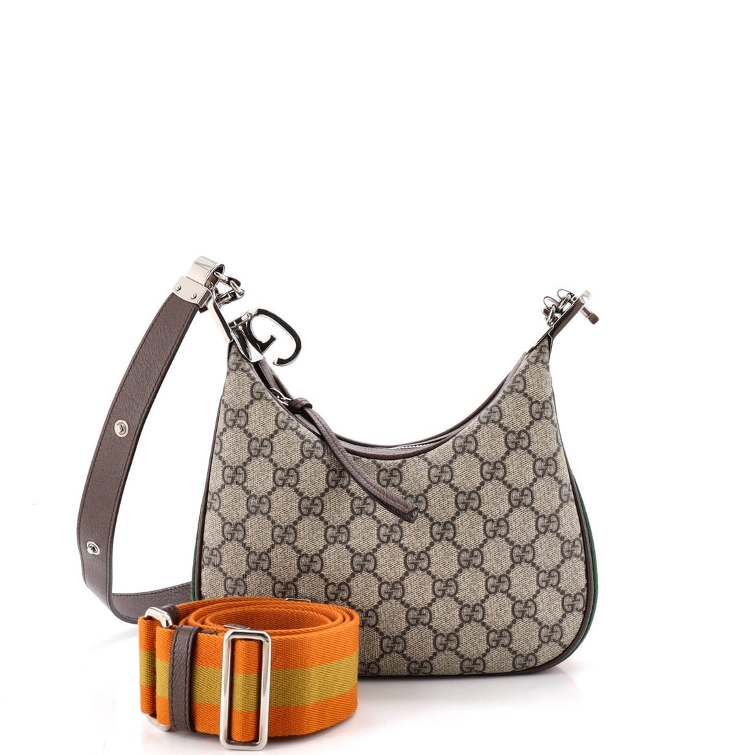 Small coated canvas bag GG Gucci attache: Small coated canvas bag GG Gucci attache Small GG Gucci attache bag in brown canvas coated exterior, featuring a neutral interior and silver hardware. This small bag measures 8" height, 9" width, and 