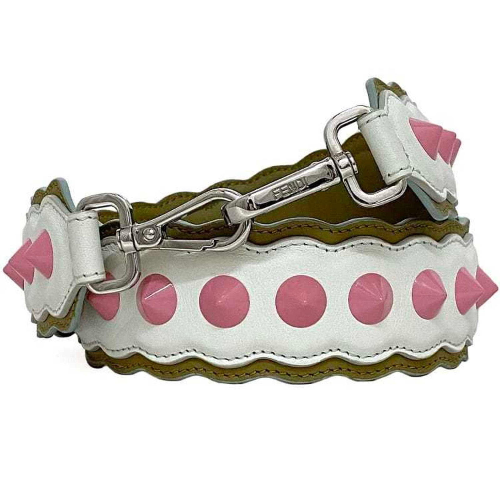 Strap Leather Fendi: Strap Leather Fendi Strap Leather Fendi is made from high-quality leather in beige, pink, and white colors. The item features a 90cm / 35.43'' long strap, providing a stylish and versatile accessory. 