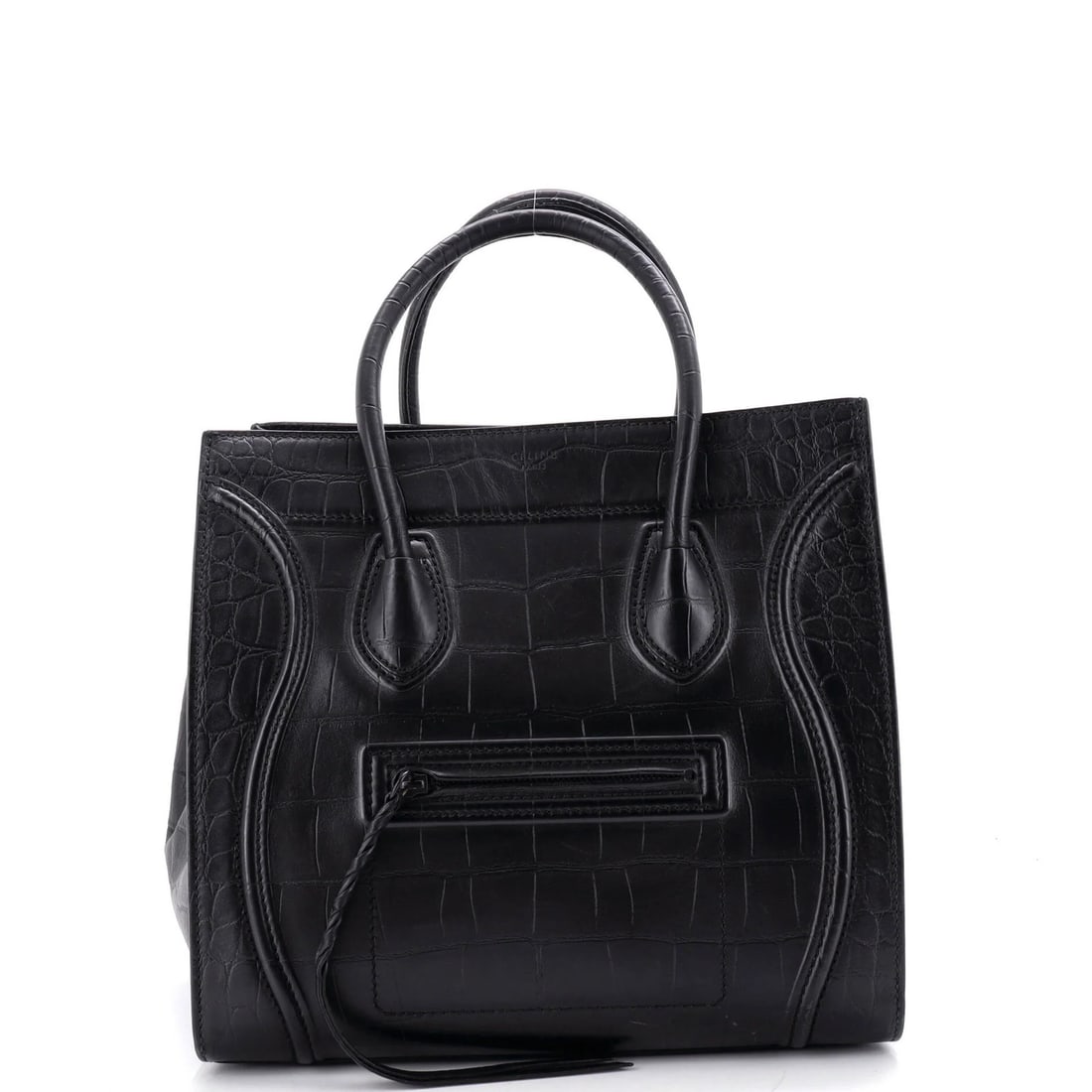 Crocodile Leather Embossed Medium Celine Phantom Bag: Crocodile Leather Embossed Medium Celine Phantom Bag Black crocodile embossed leather medium Celine Phantom Bag with a sleek design and classic style. This bag features a medium size with a 3.5" handl