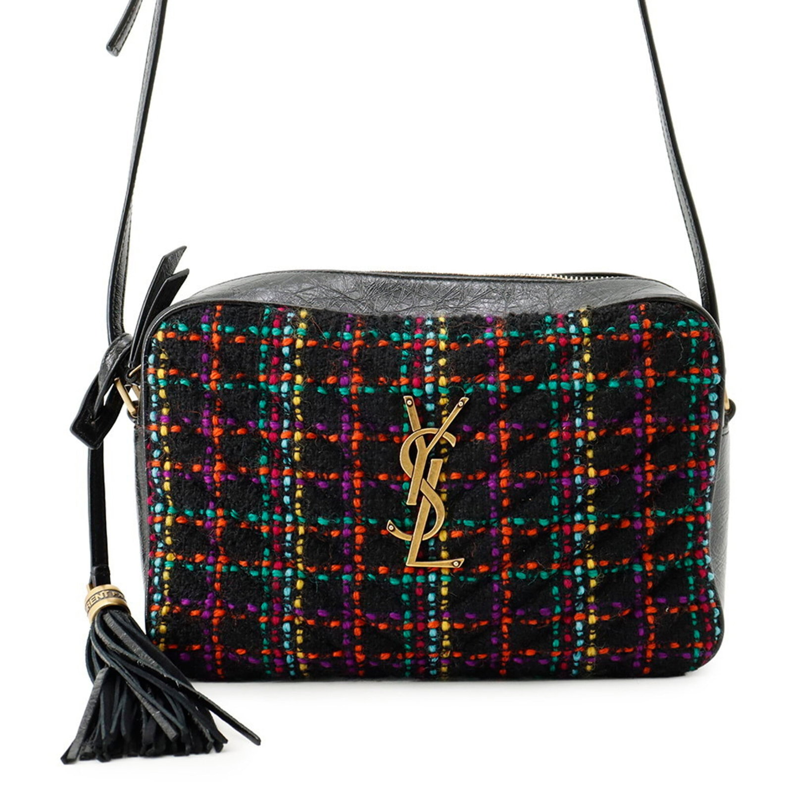 Saint Laurent Yves Handbag Tweed Bag Shoulder: Saint Laurent Yves Handbag Tweed Bag Shoulder Tweed fabric gives this Yves Saint Laurent shoulder bag a unique, textured look. Measuring 15.5cm x 23cm x 8.5cm, it features a mix of black and multi-col