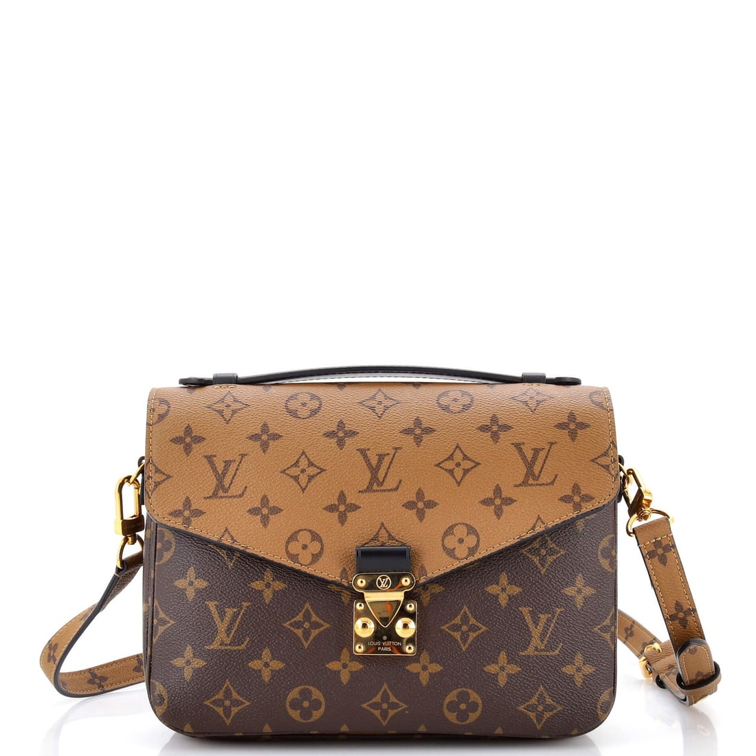 Monogram Reverse Canvas Pochette Louis Vuitton: Monogram Reverse Canvas Pochette Louis Vuitton Brown Monogram Reverse Canvas Pochette with Gold Hardware, featuring a classic cross body design and a subtle reverse monogram pattern on the exterior.