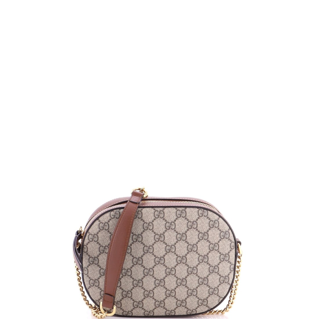 Crossbody Bag Coated Canvas Leather GG Mini Gucci: Crossbody Bag Coated Canvas Leather GG Mini Gucci Chain crossbody bag in brown canvas coated exterior with gold hardware, featuring a neutral microfiber interior. The bag measures 7" tall, 9" wide, an