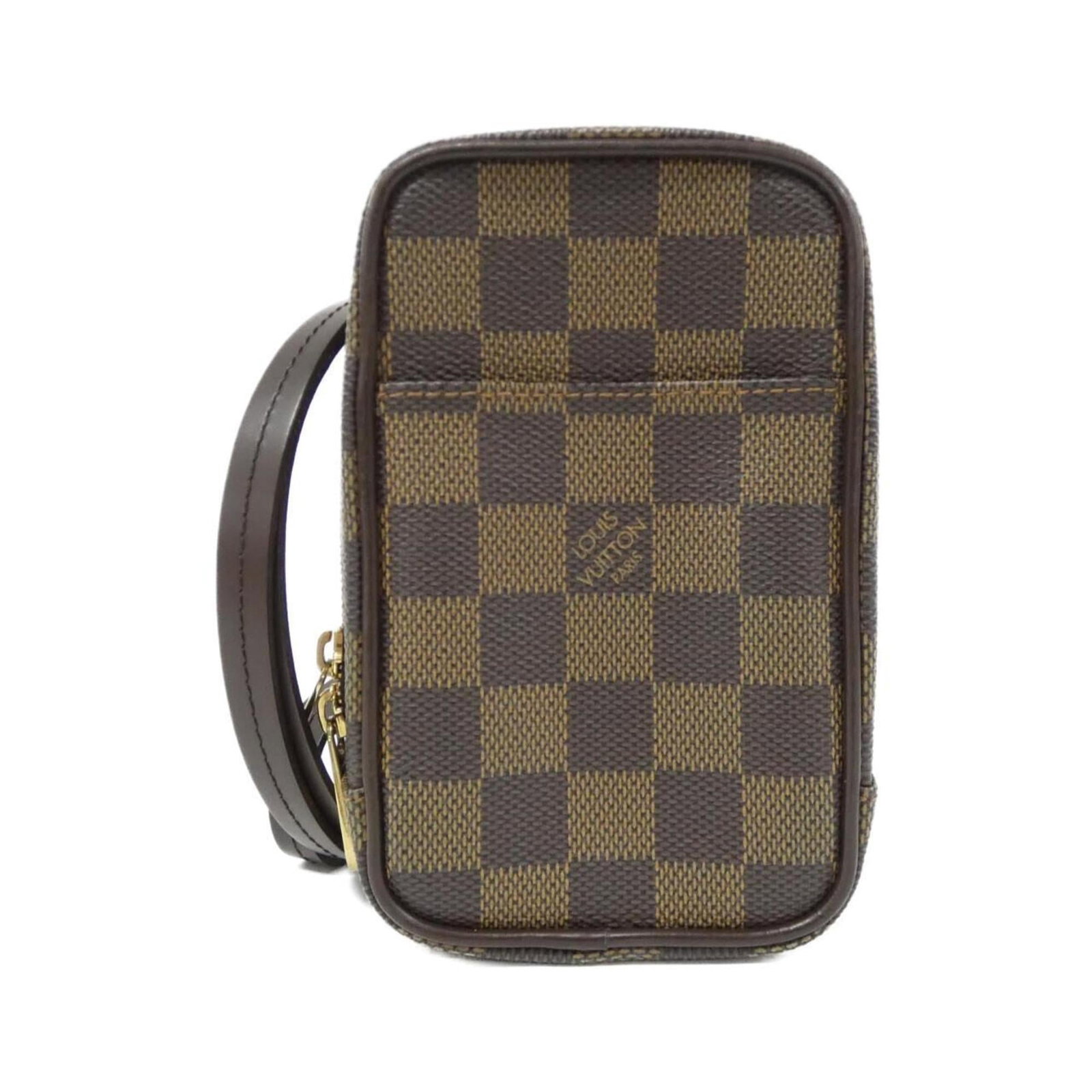 Canvas coated handbag pouch Louis Vuitton: Canvas coated handbag pouch Louis Vuitton Canvas coated handbag pouch from Louis Vuitton, featuring Ebene color and gold hardware, with a compact size of 15cm x 10cm x 4cm. This coated canvas