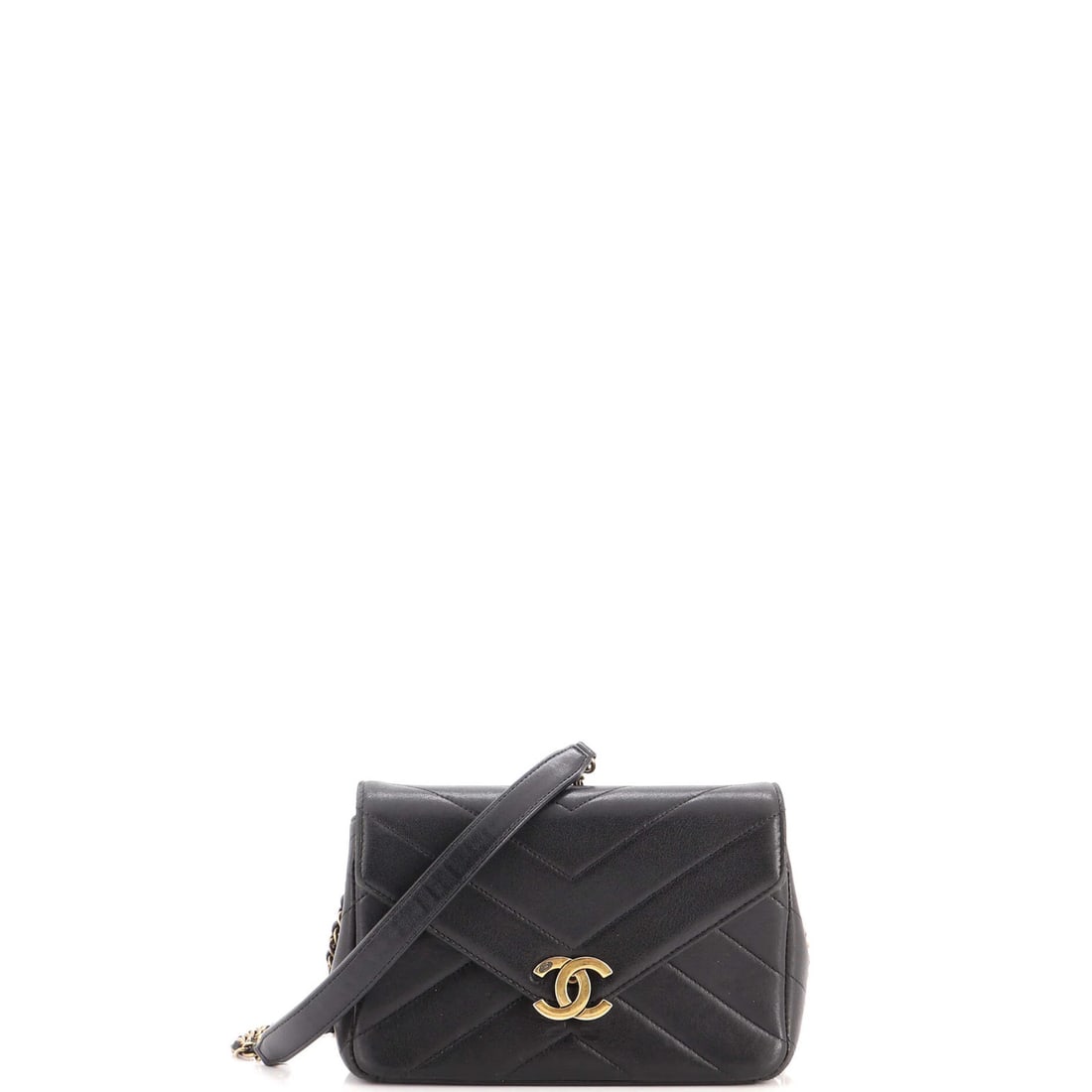 Coco Chanel Bag Chevron Leather Mini Flap Envelope: Coco Chanel Bag Chevron Leather Mini Flap Envelope Black leather mini flap envelope bag with a chevron design, measuring 5" height, 8" width, and 2" depth, featuring a 23" strap drop and aged gold