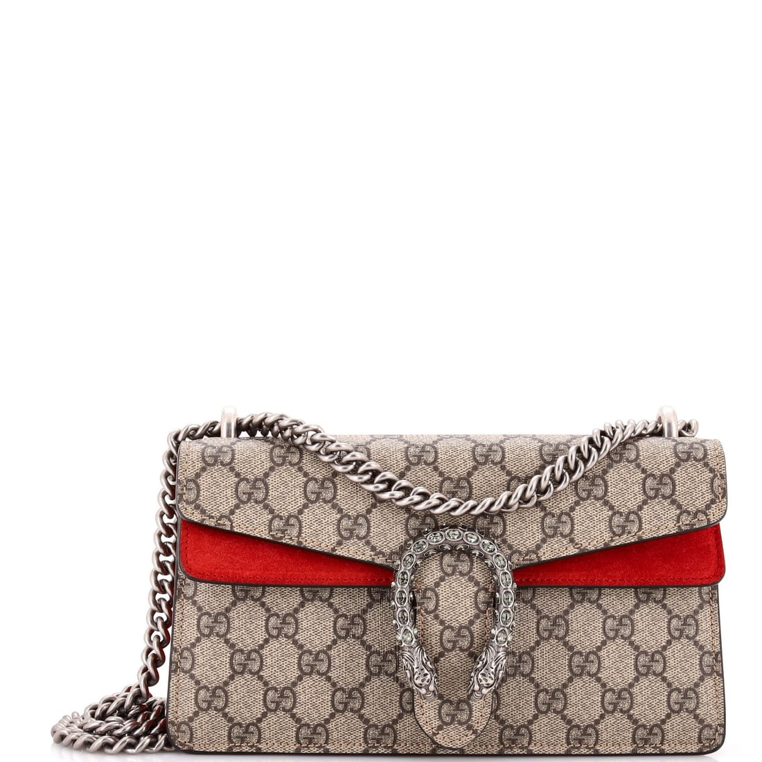 Gucci GG Coated Canvas Small Bag Dionysus Embellished with Crystal Metal: Gucci GG Coated Canvas Small Bag Dionysus Embellished with Crystal Metal Small Gucci Dionysus Bag with GG Coated Canvas and Crystal Metal Embellishments. This stylish shoulder bag features a bold red