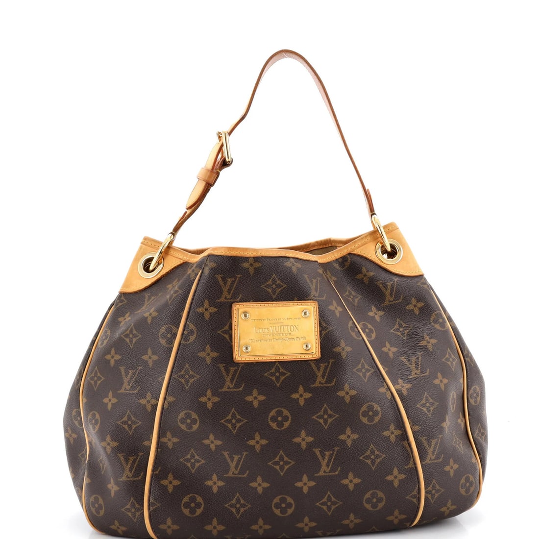Galliera Handbag Monogram Canvas Louis Vuitton: Galliera Handbag Monogram Canvas Louis Vuitton Canvas Coated Louis Vuitton Galliera Handbag in Brown, featuring a classic monogram canvas exterior with heavy corner wear, edge wear, and discoloration.