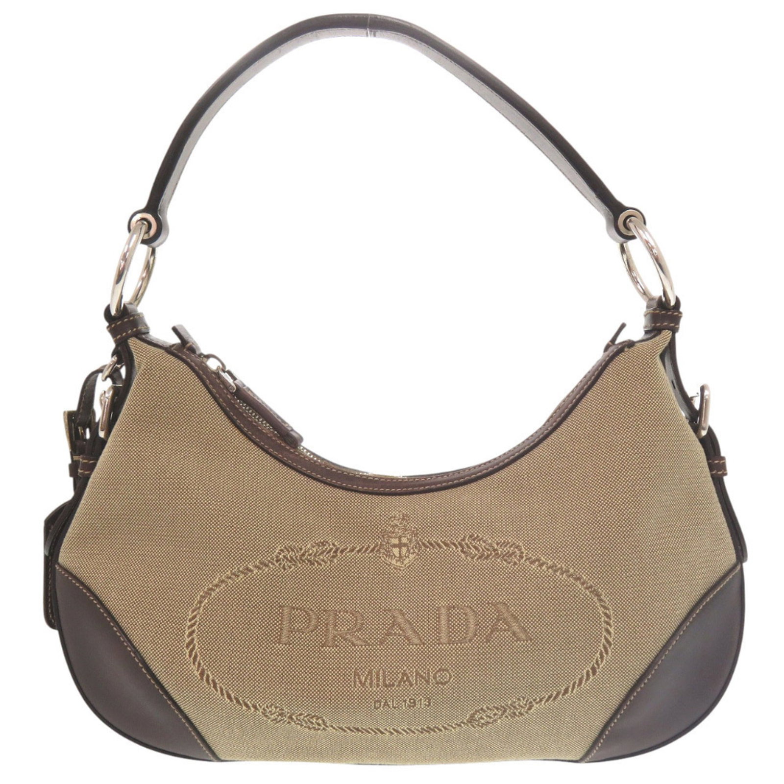 Canvas Leather Prada Bag Shoulder: Canvas Leather Prada Bag Shoulder Canvas Leather Prada Bag Shoulder - A stylish and versatile shoulder bag from Italy, featuring a canvas and leather combination in a classic brown and khaki color.