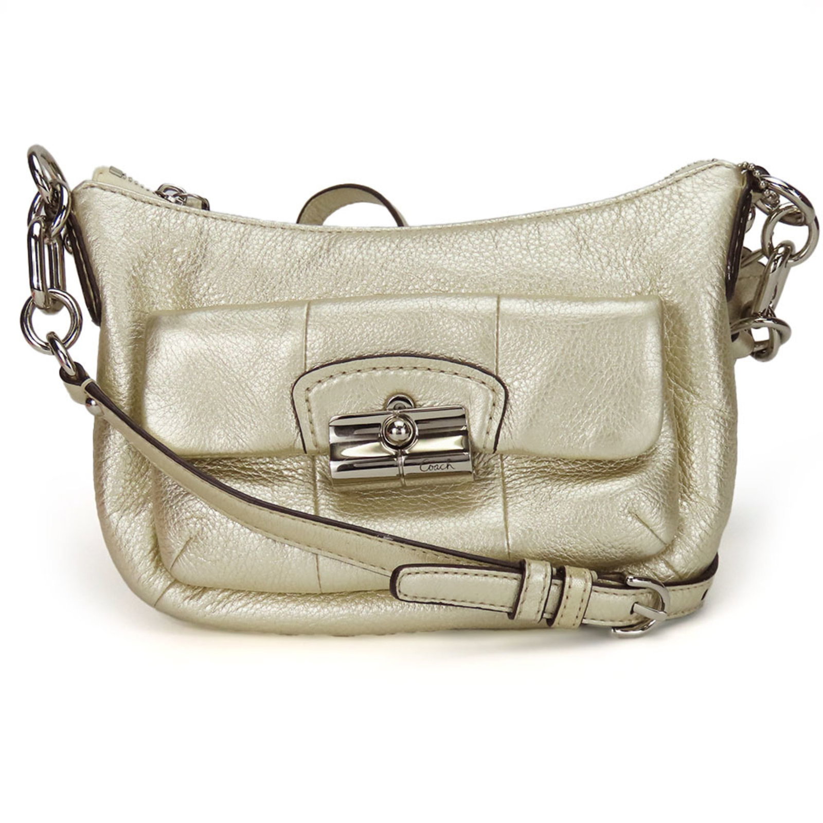 Shoulder Bag Leather Pochette Coach: Shoulder Bag Leather Pochette Coach Champagne gold leather pochette from Coach, a stylish shoulder bag with clean lines and a classic design. Measuring 15cm x 23cm x 4cm, it's a compact and elegant ac
