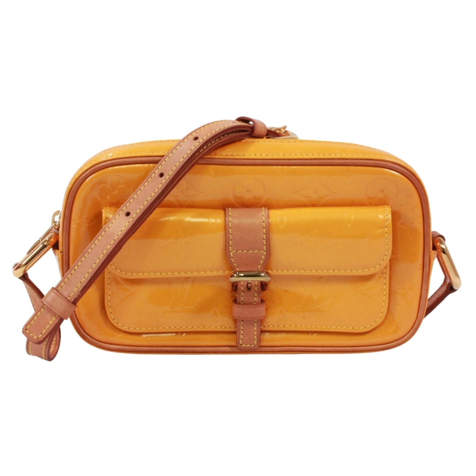 Vernis Monogram Louis Vuitton Shoulder Bag: Vernis Monogram Louis Vuitton Shoulder Bag Monogram Vernis details add a touch of luxury to this sleek Louis Vuitton shoulder bag, featuring the iconic Jaune color. The bag's compact size makes it per