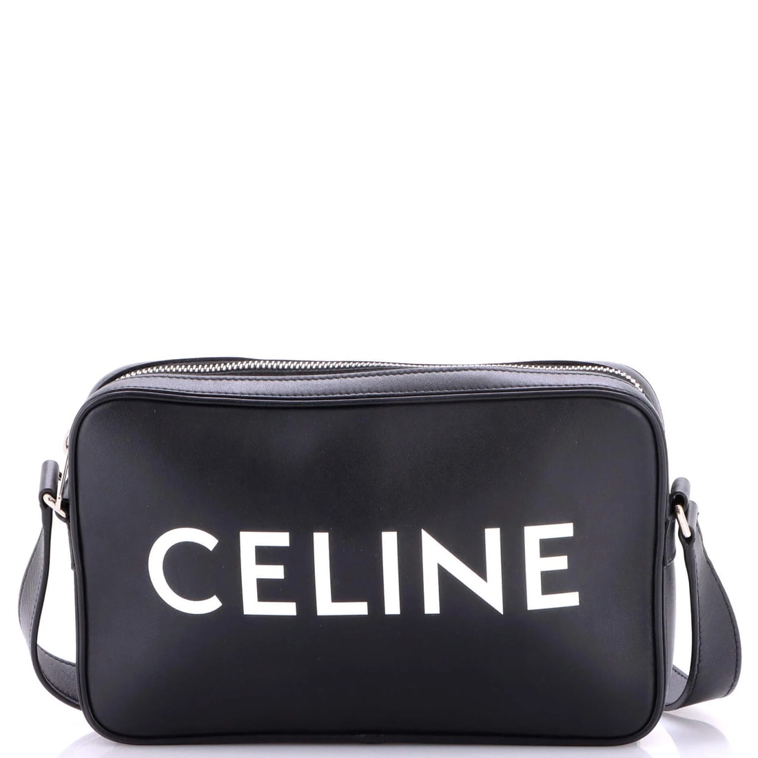 Celine Small Leather Messenger Bag: Celine Small Leather Messenger Bag Celine Small Leather Messenger Bag, featuring a sleek black leather exterior with silver hardware, is a stylish and functional accessory. Measuring 6" tall and 9.5"
