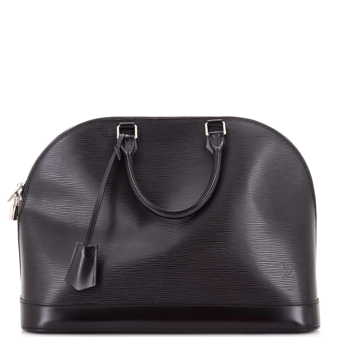 Vuitton Alma MM Handbag Epi Leather Louis: Vuitton Alma MM Handbag Epi Leather Louis Black Epi Leather Louis Vuitton Alma MM Handbag with Clochette Keys Lock, featuring a classic top handle design and moderate odor in the interior. The