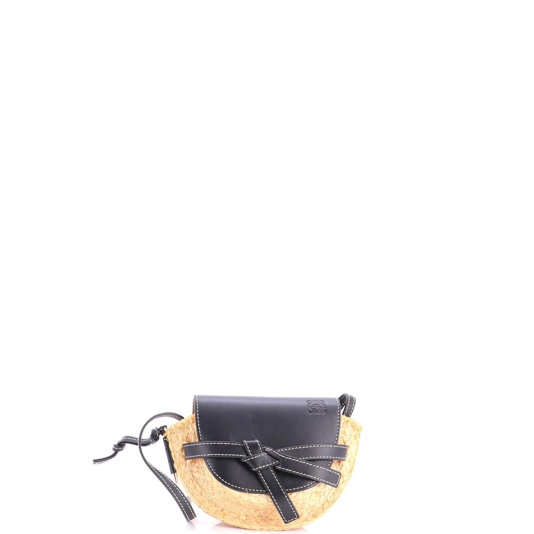 Gate Leather Shoulder Leather Mini Raffia: Gate Leather Shoulder Leather Mini Raffia Black leather and raffia mini cross body bag with gold hardware, featuring a neutral interior. The bag has a classic design with a 23" strap drop, and its ext