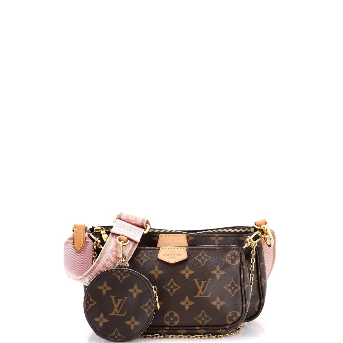 Louis Vuitton Monogram Canvas Pochette Multi Accessoires: Louis Vuitton Monogram Canvas Pochette Multi Accessoires Brown Louis Vuitton Monogram Canvas Pochette Multi Accessoires Bag. Features a cross body design with a 10" handle drop and 20" strap drop,