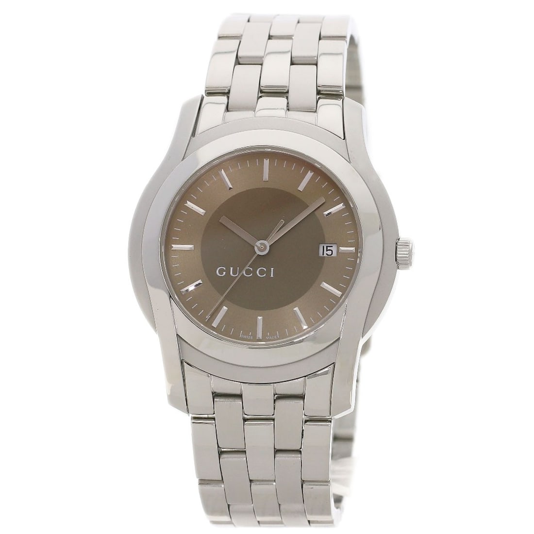 Face Watches Stainless Steel Round Gucci 5500Xl: Face Watches Stainless Steel Round Gucci 5500Xl Stainless steel round face watches from GUCCI, featuring a silver display and bezel, with a brown dial and 38.2mm case size. This quartz movement watch 