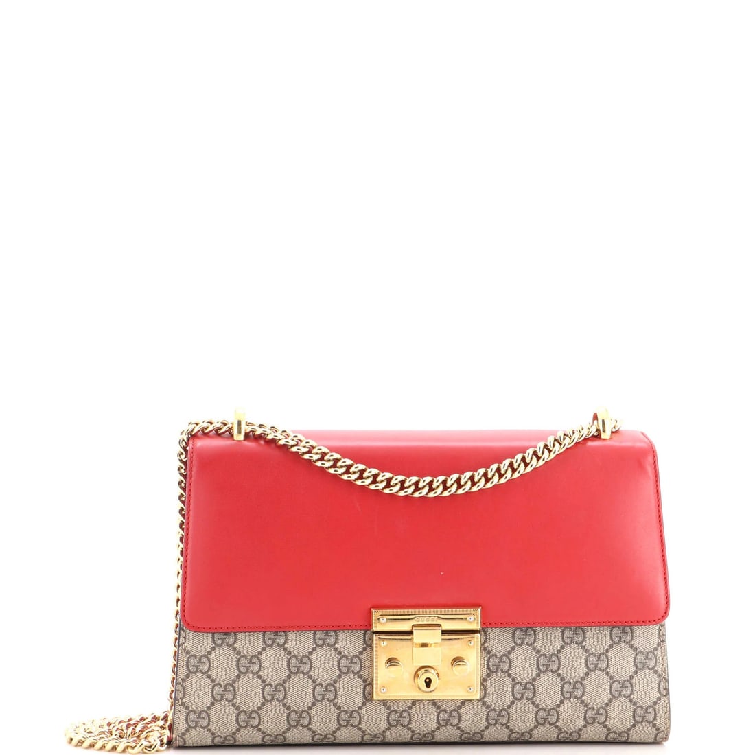 Gucci Medium Bag Coated Canvas Leather Padlock Shoulder GG: Gucci Medium Bag Coated Canvas Leather Padlock Shoulder GG The Gucci Medium Bag Coated Canvas Leather Padlock Shoulder GG boasts a striking red exterior, adorned with the iconic GG logo, and features