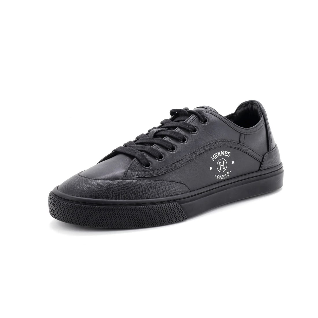 Men's Leather Sneakers Get: Men's Leather Sneakers Get Black leather sneakers from Hermes, featuring a sleek design with matte hardware. The shoes have a slight scuff on the midsoles and interior, and light wear on the outer