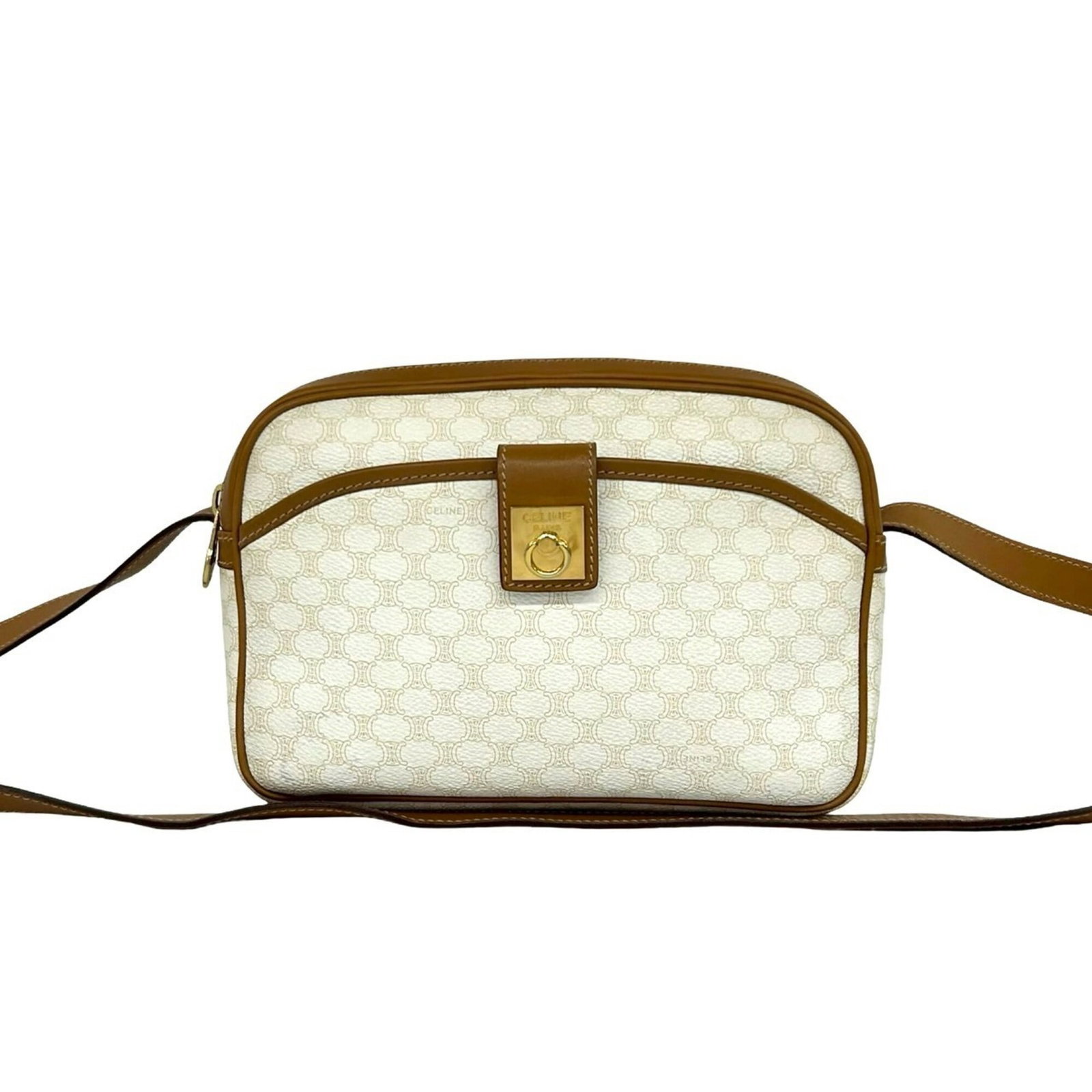 Pochette Celine Leather Pvc Shoulder Bag: Pochette Celine Leather Pvc Shoulder Bag The Celine Pochette bag features a unique combination of PVC and leather materials, with a distinctive brown and white color scheme. Measuring 16cm x 22.5cm x