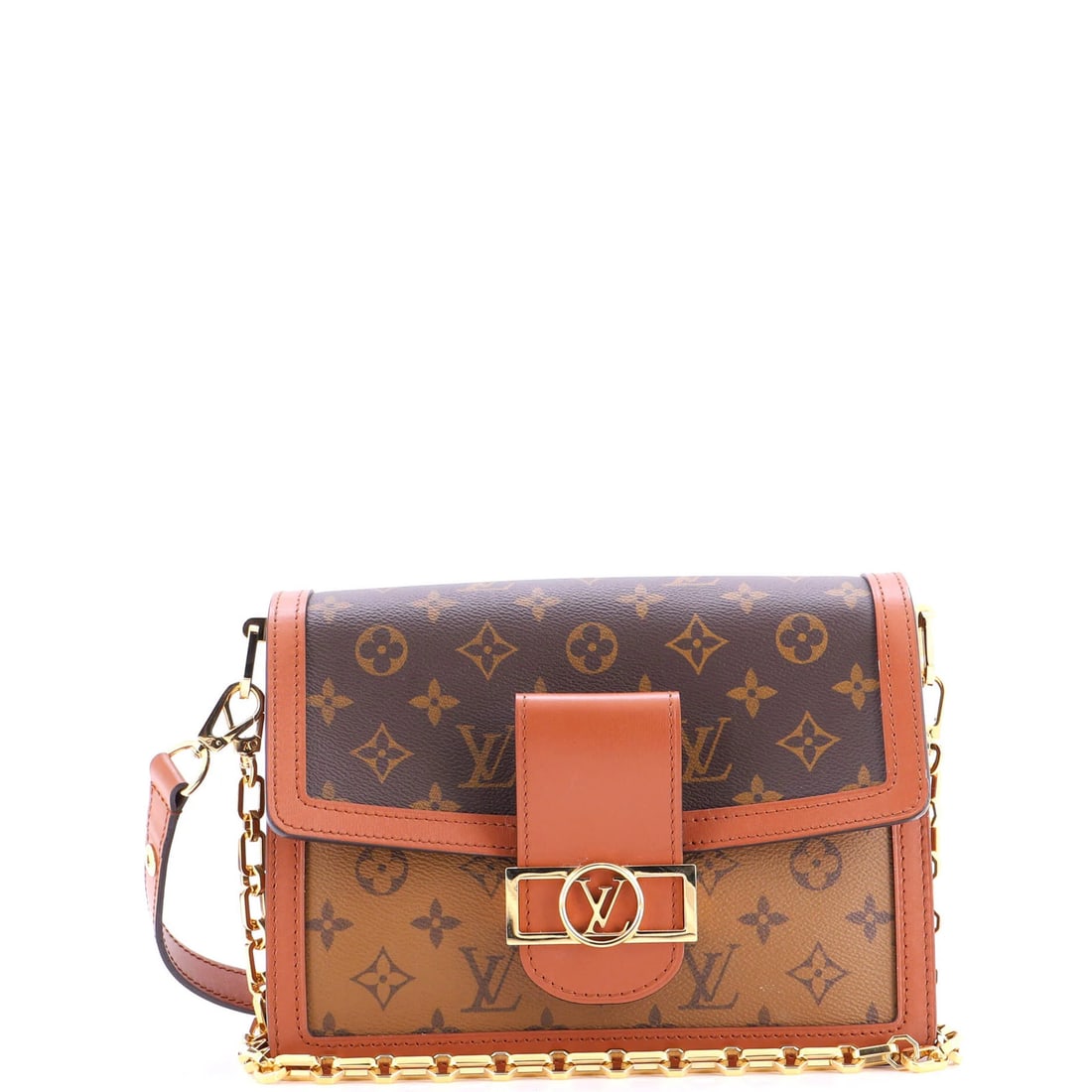 Vuitton Louis Monogram Dauphine Reverse Shoulder Bag Canvas MM: Vuitton Louis Monogram Dauphine Reverse Shoulder Bag Canvas MM Canvas Coated Louis Vuitton Dauphine Reverse Shoulder Bag in Brown, featuring a classic Mm design and gold hardware, measures 7" high, 10