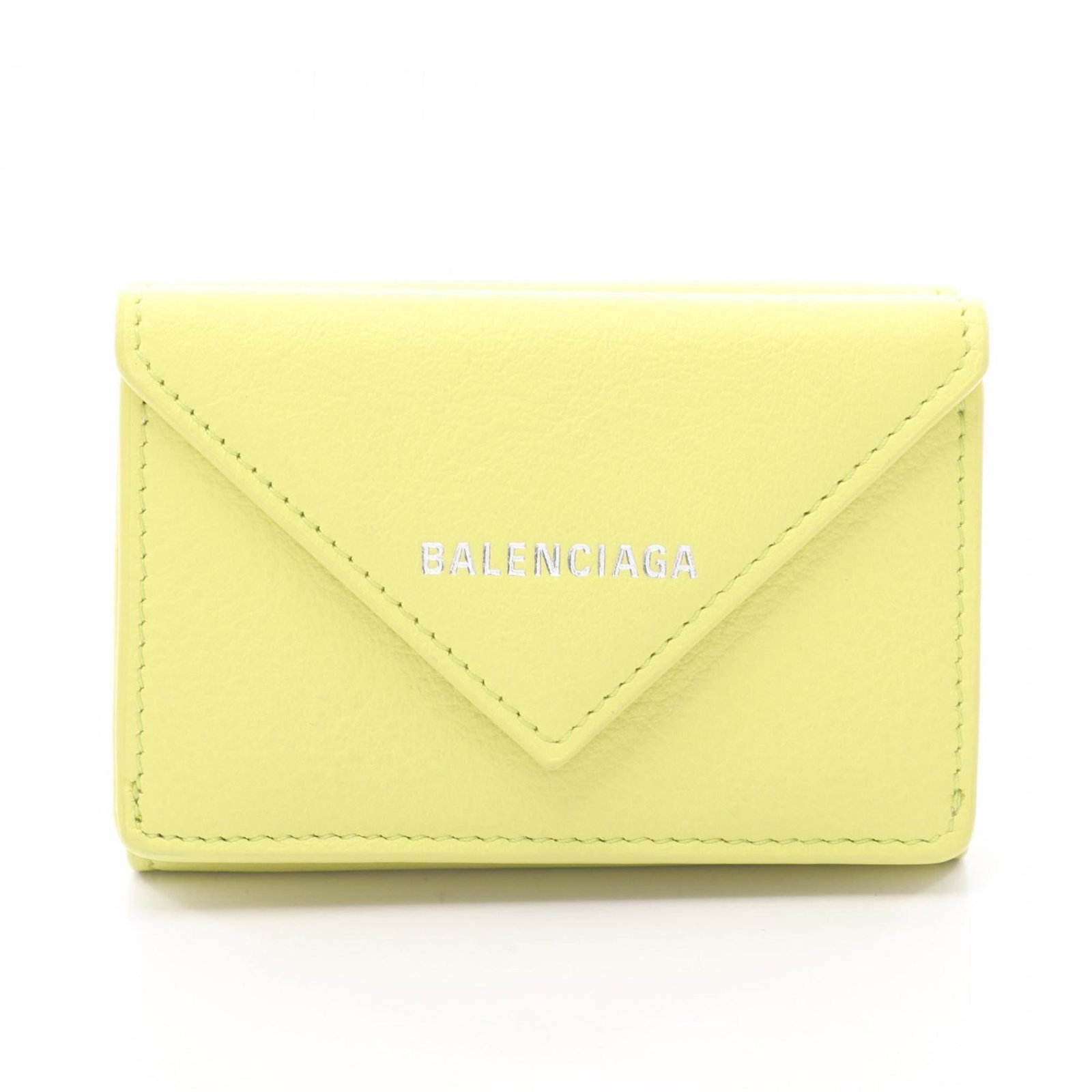 Balenciaga Wallet (Tri-Fold) Leather: Balenciaga Wallet (Tri-Fold) Leather The Balenciaga Wallet is a tri-fold leather wallet with a bright yellow color, measuring 6.5cm x 9.5cm x 2.5cm. This stylish accessory features a classic design